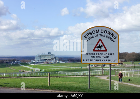 Mit Blick auf die Tribüne, Epsom Racecourse, Heimat des Derbys. Stockfoto