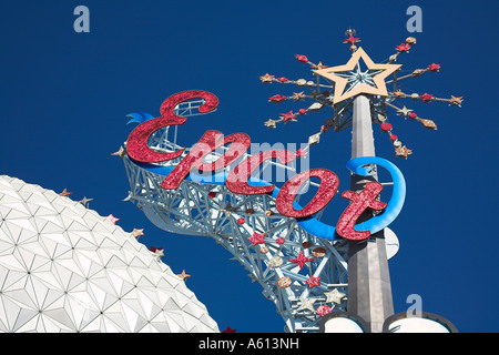 Raumschiff Erde und EPCOT unterzeichnen, EPCOT Center, Disney World, Orlando, Florida, USA Stockfoto