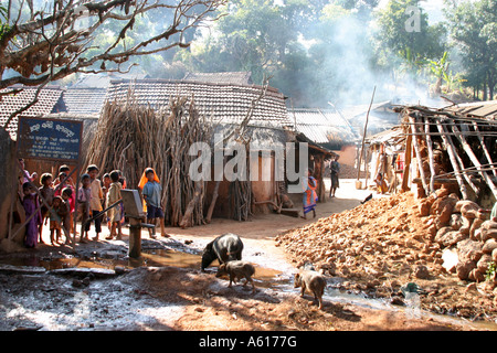 Ansicht eines Dorfes Gadaba mit einer Schar von jungen und einige Schweine im Vordergrund, Orissa, Indien Stockfoto