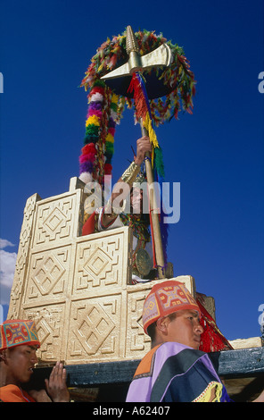 PERU Südamerika Cusco Sacsayhuaman Kaiser Pachacuti in seinem Thron Inti Raymi Inka Festival der Sonne durchgeführt werden Stockfoto