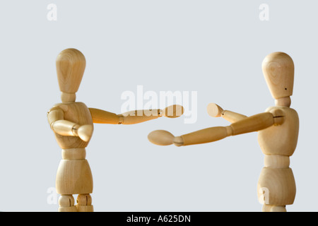 Konzept zwei Figuren Arme ausgestreckt Gruß treffen Stockfoto