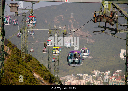 Seilbahnen zwischen den beiden Bereichen der Ocean Park Stockfoto