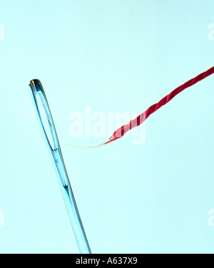 Nahaufnahme von Nadel und Faden Stockfoto