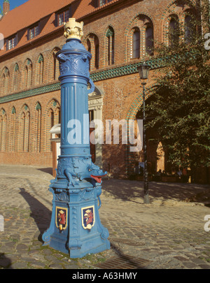 Alte Gusseisen Wasserpumpe mit 15 th Century Gothic ratusz (Rathaus) Darüber hinaus, Stary Rynek, Szczecin, Westpommern, Polen. Stockfoto