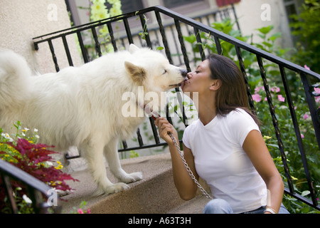 Haustier Doggy Frau küssen Stockfoto