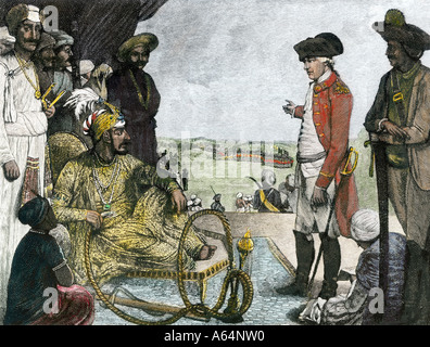 Shah Allum Mogul von hindostan Überprüfung der Truppen der British East India Company 1781. Hand - farbige Holzschnitt Stockfoto