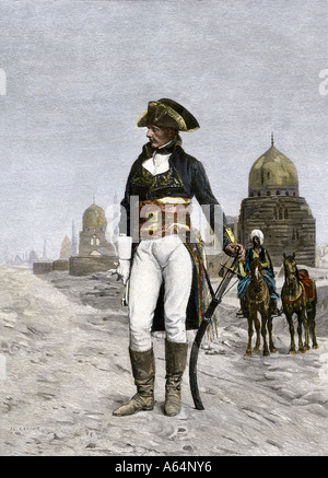 Napoleon Bonaparte in Kairo während der französischen Invasion in Ägypten 1798. Hand - farbige Holzschnitt Stockfoto