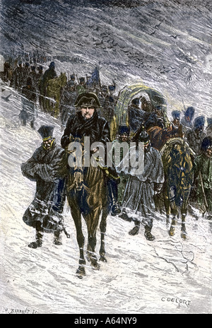 Winter Retreat von Napoleon und die französische Armee aus Moskau 1812. Hand - farbige Holzschnitt Stockfoto