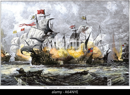 Englische Kriegsschiff Avantgarde Angriff auf die spanische Armada 1588. Hand - farbige Holzschnitt Stockfoto