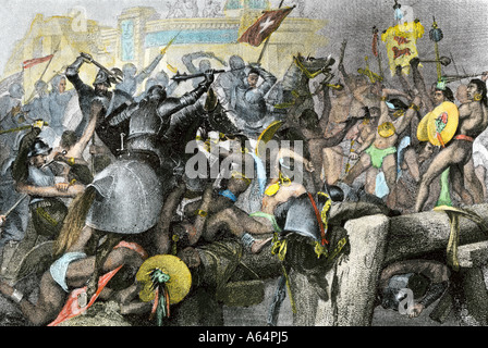 Eroberung der Aztekenhauptstadt Tenochtitlan von der spanischen Armee von Hernando Cortes 1500. Handcolorierte halftone einer Abbildung Stockfoto