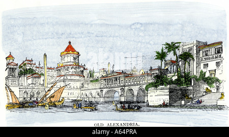 Der Hafen des antiken Alexandria Ägypten ein großes Zentrum der hellenistischen Kultur und Handel. Hand - farbige Holzschnitt Stockfoto