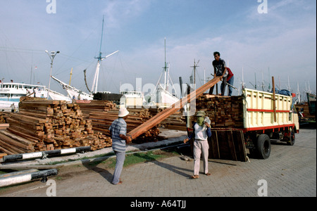 Indonesien Java Jakarta Sunda Kelapa Dock entladen Hartholz aus Borneo Stockfoto