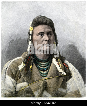 Chief Joseph von der Nez Perce Indianer, die aus ihrer Heimat in den 1870er Jahren vertrieben wurden. Hand - farbige Holzschnitt Stockfoto