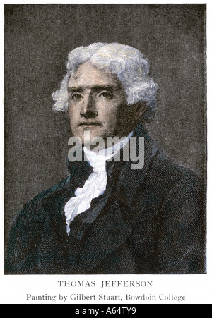 Thomas Jefferson. Hand - farbige Holzschnitt von Gilbert Stuart Porträt Stockfoto