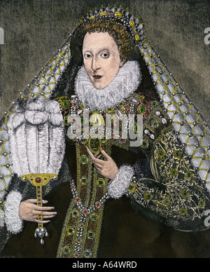 Queen Elizabeth I. Handkolorierter Holzschnitt Stockfoto