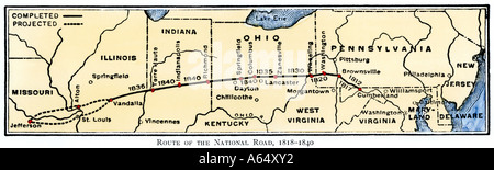 Karte von der Nationalstraße von Maryland nach Illinois 1818 bis 1840. Hand - farbige Holzschnitt Stockfoto