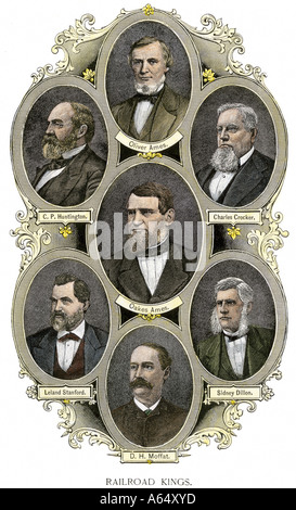 Eisenbahn Kapitalisten Colis. S. Huntington, Leland Stanford, Oliver Oakes Ames, Charles Crocker Sydney Dillon und D.H. Moffat 1800. Hand - farbige Holzschnitt Stockfoto