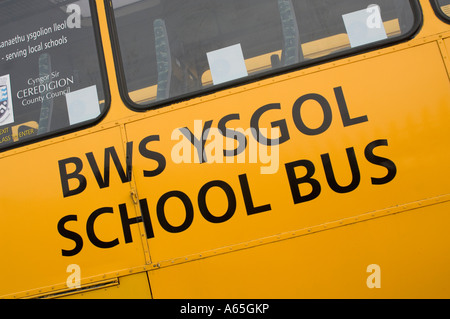 Arriva Wales gelb lackierten Schulbusse im Depot mit zweisprachigen geparkt Walisisch und Englisch Sprache logo Stockfoto