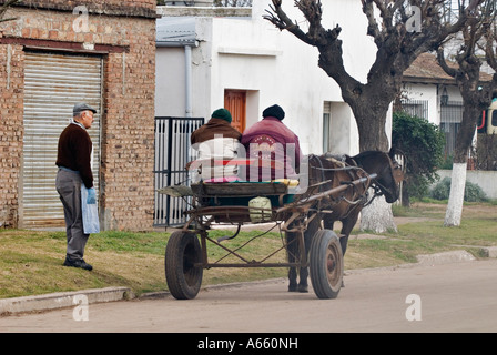 Paar in Pony Wagen im Gespräch mit älteren Mann auf der Baum gesäumten Straße von dem kleinen Dorf von Lincoln-Buenos Aires-Argentinien Stockfoto