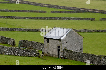 Eine gemauerte Scheune steht unter die kleinen Felder getrennt durch Trockenmauern, die häufig im Peak District Stockfoto