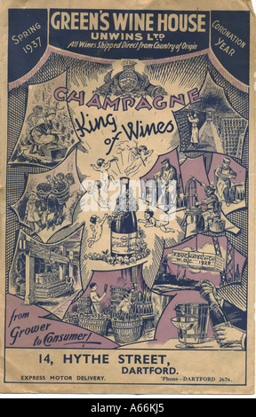 1937-Krönung-Jahrgangs-Champagner-Preisliste Stockfoto