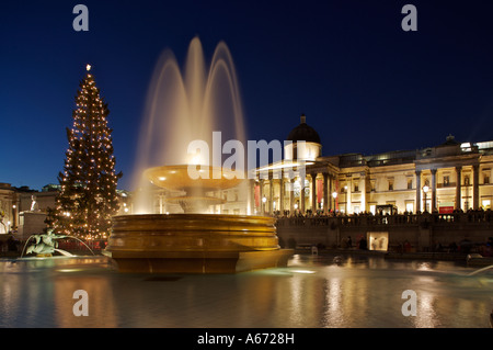 Weihnachtsbaum und Brunnen beleuchtet auf dem Trafalgar Square zu Weihnachten Stockfoto