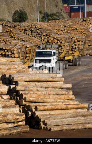 Holz-LKW und Protokolle gestapelt auf Kai Lyttleton Hafen in der Nähe von Christchurch Neuseeland Stockfoto