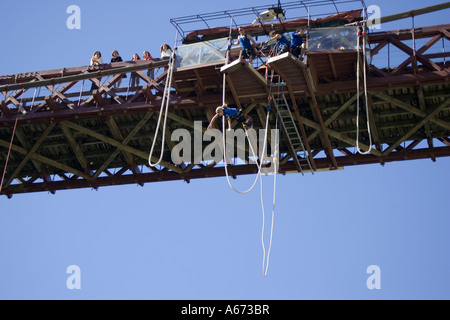 Frau springt von Kawarau Bridge Bungy Queenstown Neuseeland Südinsel Stockfoto