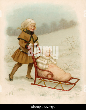 Schlitten Sie fahren im Schnee 19c Stockfoto