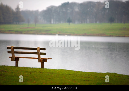 Leere Holzbank mit Blick auf einen ruhigen See Stockfoto