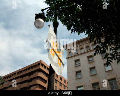 Fahnen mit Vatikan Wappen kündigt das fünfte Welttreffen der Familien in Valencia 2006. Valencia. Spanien. Stockfoto