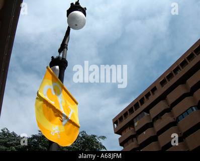 Fahnen mit Vatikan Wappen kündigt das fünfte Welttreffen der Familien in Valencia 2006. Valencia. Spanien. Stockfoto