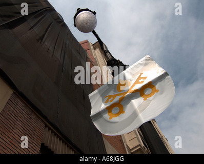 Fahnen mit Vatikan Wappen kündigt das fünfte Welttreffen der Familien in Valencia 2006. Valencia. Spanien. Stockfoto