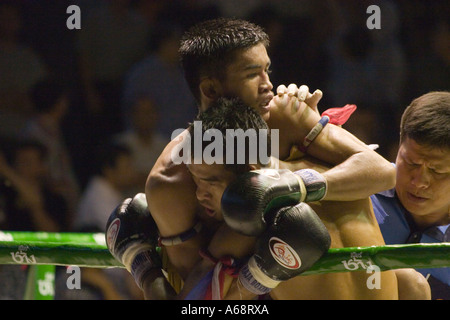 Muay Thai - Auseinandersetzung gegen die Seile Stockfoto