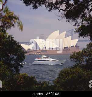 Sydney Harbour & Opernhaus am Bennelong Point eingerahmt durch Bäume der Royal Botanic Gardens bei Frau Macquaries Point Australia Stockfoto