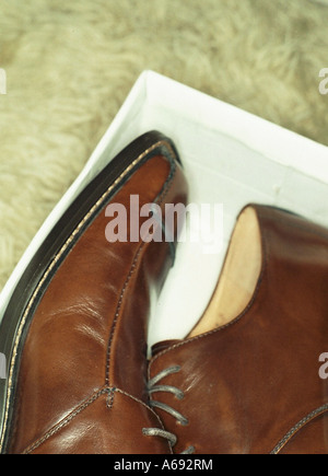 Stillleben mit ein paar braune Herrenschuhe in einer Box von oben textfreiraum gesehen Stockfoto