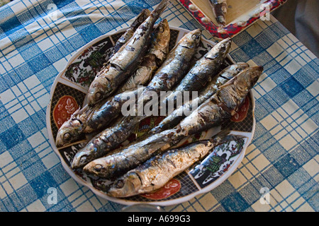 Frisch gefangen, gegrillte Sardinen auf Tisch, Essouirra, Marokko, Nordafrika Stockfoto