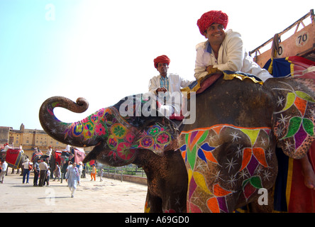 Bemalte Elefanten bei Amber Fort warten auf Touristen Indien abholen Stockfoto