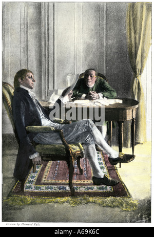 Benjamin Franklin und Richard Oswald in Paris über den Friedensvertrag die Amerikanische Revolution zu beenden. Hand - farbige Holzschnitt Stockfoto