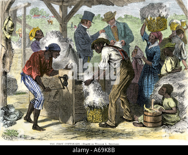 Slaves mit Eli Whitney's Cotton Gin. Hand - farbige Holzschnitt Stockfoto