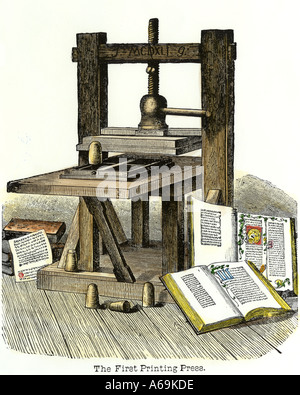 Johann Gutenberg s Druckerei Mainz Deutschland 1450 s. Hand - farbige Holzschnitt Stockfoto