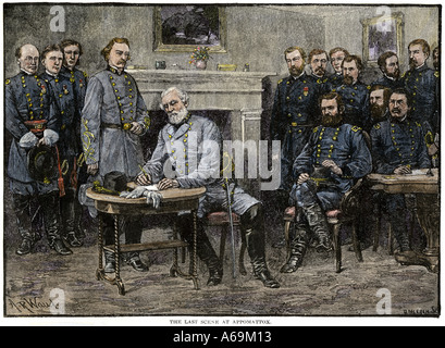 General Robert E Lee Kapitulation der Konföderierten Armee zu Union General Ulysses S Grant bei Appomattox Court House im Jahr 1865. Hand - farbige Holzschnitt Stockfoto