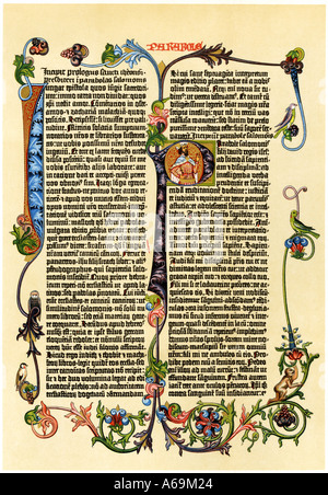 Seite von Gutenberg s42 die Bibel in der 1450 gedruckten s ist wahrscheinlich der erste Einsatz der bewegliche Art. Farblithographie Stockfoto