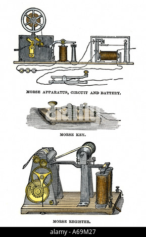 Diagramme von Morse telegraph Apparate und registrieren. Hand - farbige Holzschnitt Stockfoto