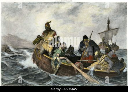 Leif Erikssen vor der Küste von Vineland in einem Viking Landung Boot. Handcolorierte photogravure einer Abbildung Stockfoto