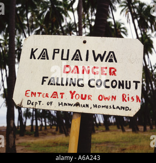 Schild mit der Aufschrift Gefahr der fallende Kokosnüsse treten auf Ihr eigenes Risiko Abteilung Hawaiian Heimat Molokai Island Hawaii gemalt Stockfoto