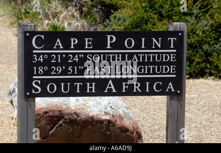 Schwarzes Brett an Kap Punkt sagen Cape Point 34 21 24 südlich Latitude 18 29 51 östlicher Länge Stockfoto