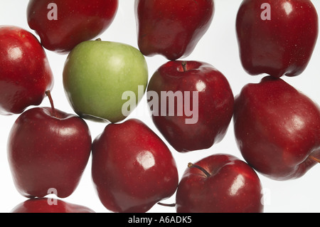 Rote Äpfel, umgeben von grünem Apfel. Stockfoto