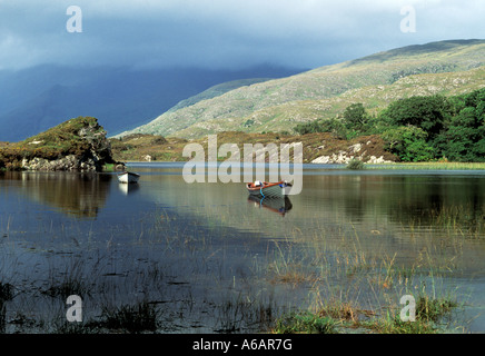 ruhiges Wasser auf einem irischen Binnensee umgeben von Irlands höchsten Bergen Stockfoto