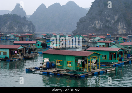 Schwimmende Fischfarmen in Halon Bucht Nord-Vietnam Stockfoto